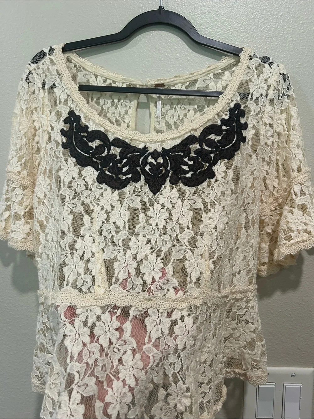 Free People Cream Lace Peplum Top with Navy/Black Appliqué